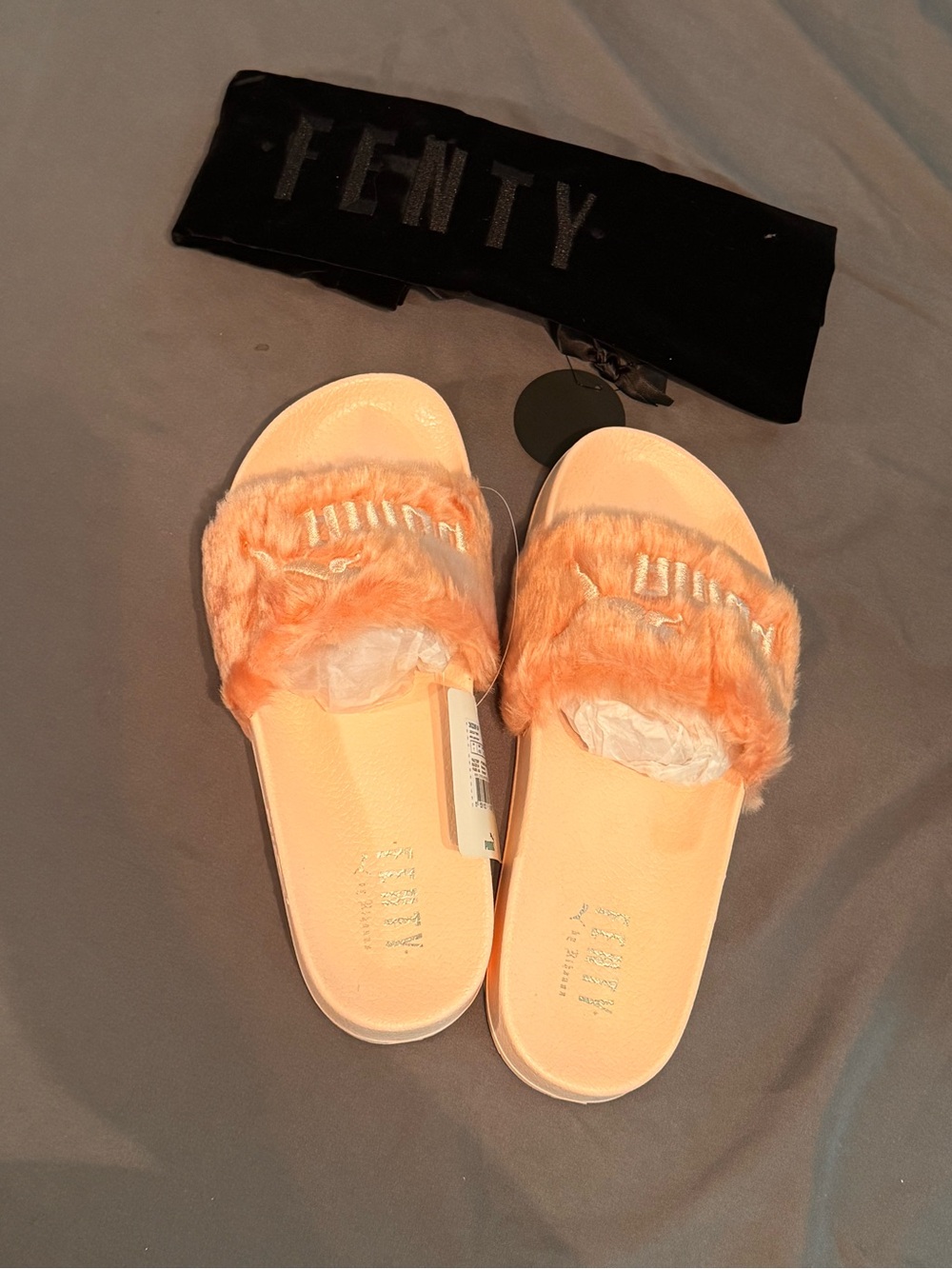 Fenty Plush Faux-Fur Slide Sandals in Peach